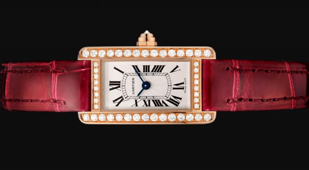 The 18k rose gold fake Cartier watch has a red strap.