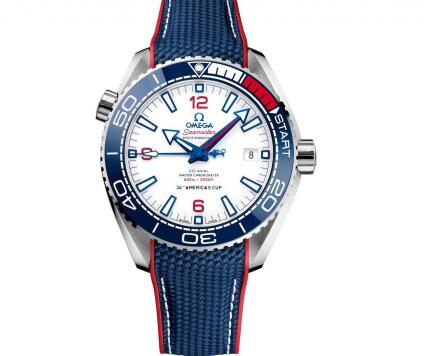 The red and blue elements are striking on the white dial.