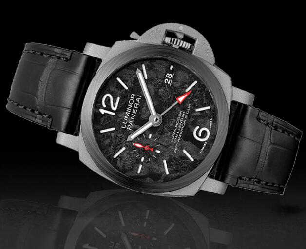The red elements are striking on the black dial of the best copy Panerai.