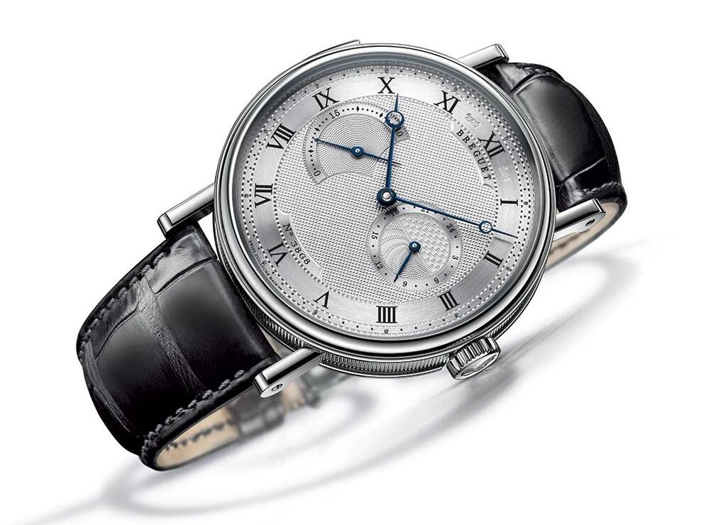 The 18k white gold fake Black Strap Fake Breguet Grandes Complications 7637BB watch has a silvery dial.