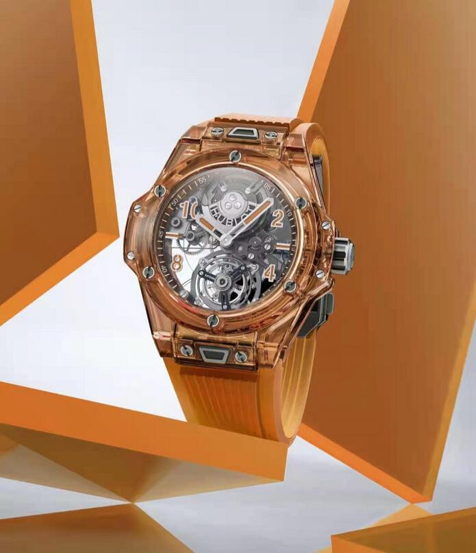 The 45mm fake watch is made from polished orange sapphire.