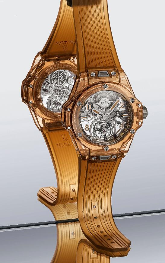 The skeleton dial fake watch has orange rubber strap.