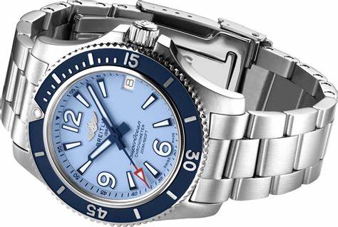 The stainless steel fake watch has a light blue dial.